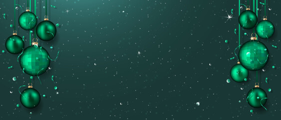 Green christmas balls with confetti on background	