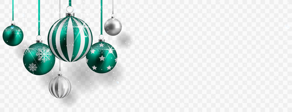 Green and silver christmas balls  with shadow isolated on transparent background.	