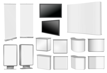 3d set of blank roll-up poster, vertical billboard, fair desks, TV and concave wall isolated, add your own design and message. Perfect for lay-outs, drafts and mock-ups.