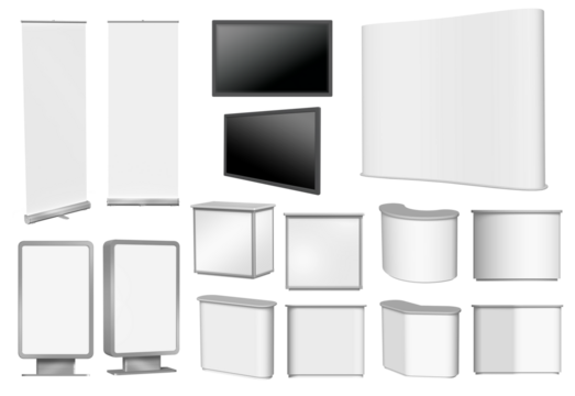 3d set of blank roll-up poster, vertical billboard, fair desks, TV and concave wall isolated, add your own design and message. Perfect for lay-outs, drafts and mock-ups.