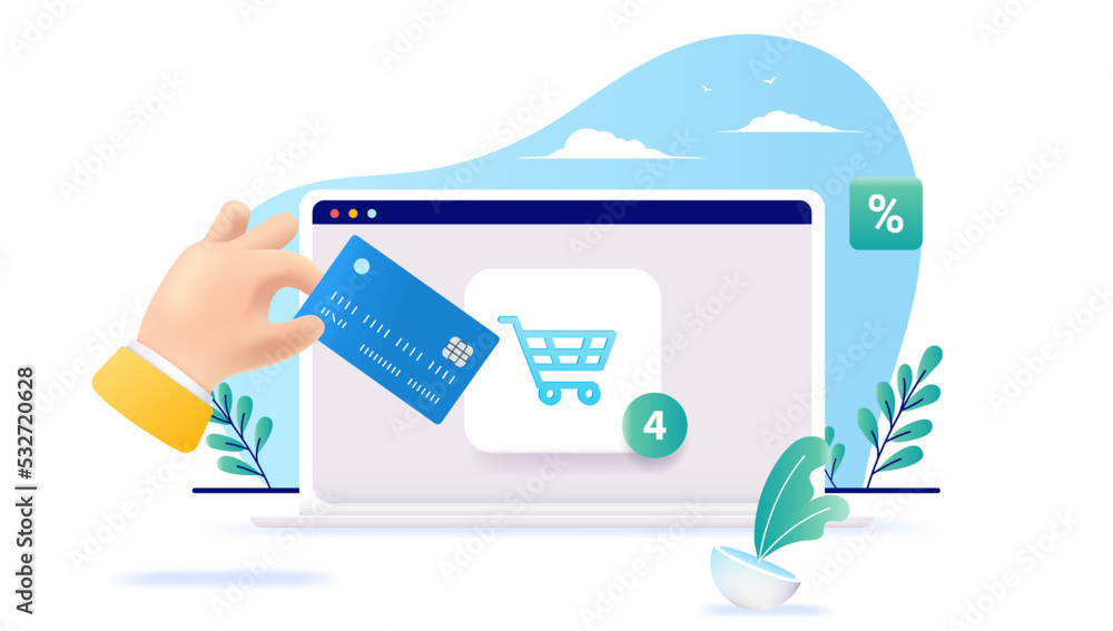 Aufkleber Web shopping - Online web shop on computer screen and hand with payment bank card ready to purchase. Flat design vector illustration with white background