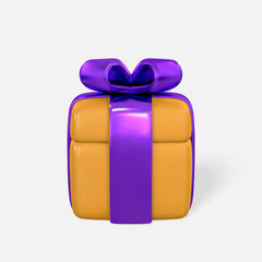 Yellow gift box with pink bow and confetti on white background. Surprise inside. Vector Illustration