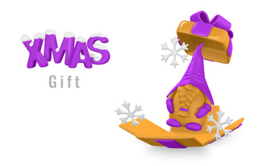 Open gift box with funny scandinavian christmas gnome and snowflake. Vector Illustration