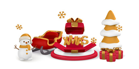 Merry Christmas and Happy New Year background. Realistic 3d open gift box, sleigh, snowman, tree and snowflake. Vector illustration