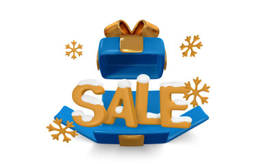 Merry Christmas and Happy New Year background. Winter sale. Open blue gift box. Xmas poster. Vector illustration