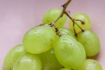 closeup bunch of green grapes on pink background (diet or healthy food concept)
