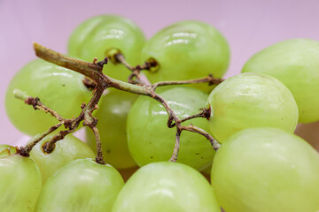 closeup bunch of green grapes on pink background (diet or healthy food concept)
