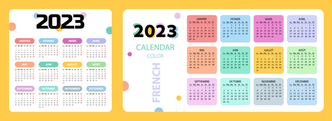 Pocket calendar on 2023 year, French. Set color - obrazy, fototapety, plakaty