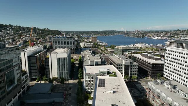 Drone shot of Amazon's corporate skyscrapers in South Lake Union.