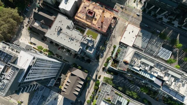 Rotating overhead aerial shot of Seattle's South Lake Union corporate neighborhood.