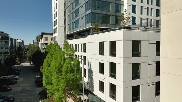Drone shot of a brand new apartment building in downtown Seattle.