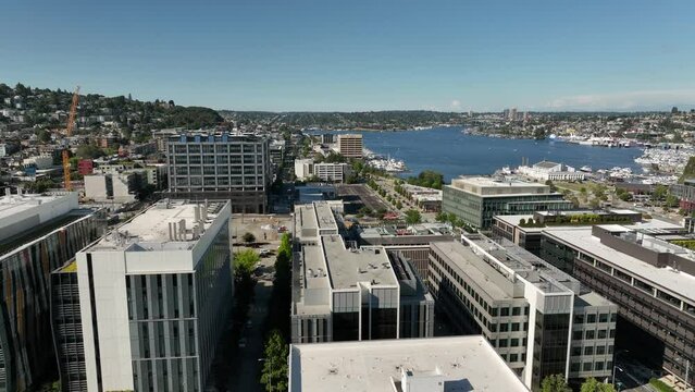 Aerial shot passing over corporate business buildings in the South Lake Union neighborhood of Seattle.