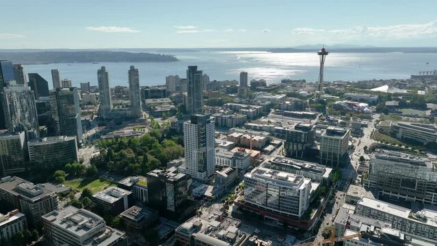 Wide establishing view of Seattle's dense downtown sector.