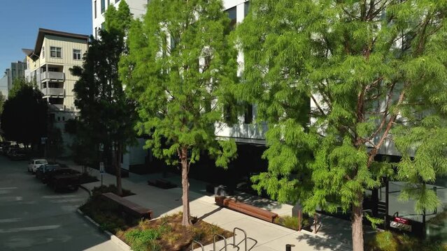 Orbiting aerial view of an apartment entrance surrounded by trees and a quiet sidewalk.