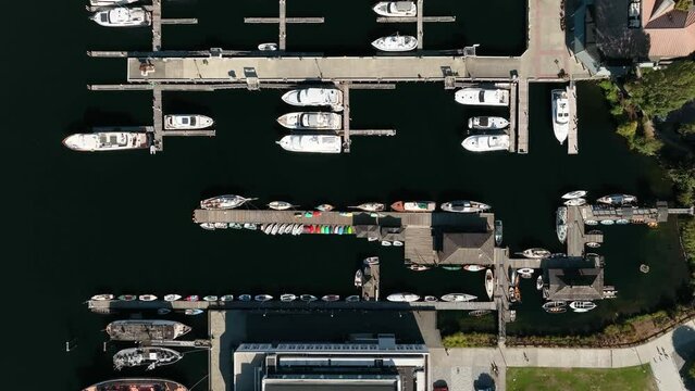 Aerial of docks at The Center for Wooden Boats in Seattle, Washington.