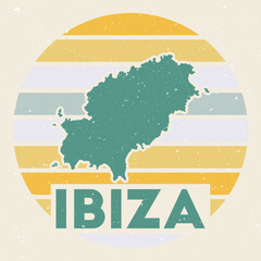 Ibiza logo. Sign with the map of island and colored stripes, vector illustration. Can be used as insignia, logotype, label, sticker or badge of the Ibiza.
