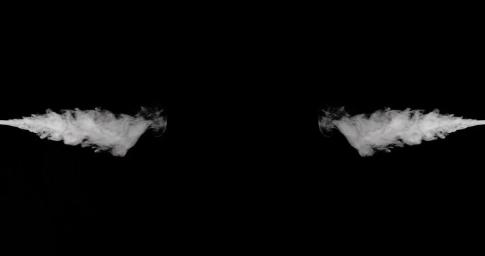 Medium shot of a mirrored stream of smoke moving from the edges towards the center of the frame, creating uniques patterns as it moves.