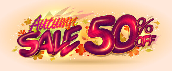 Autumn sale, 50 percents off, half price web banner mockup