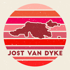 Jost Van Dyke logo. Sign with the map of island and colored stripes, vector illustration. Can be used as insignia, logotype, label, sticker or badge of the Jost Van Dyke.