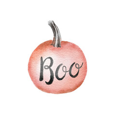 Watercolor Halloween pumpkin illustration. Carving character. Magic concept. Cute autumn design. Boo