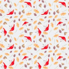 Autumn pattern with mushrooms and leaves