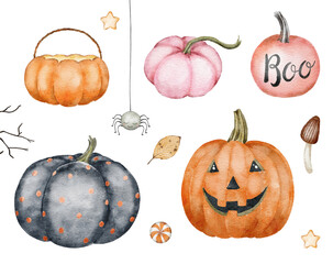 Cute Halloween pumpkin collection. Watercolor hand drawn illustration. Party decor clipart set isolated on white background.