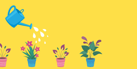 Illustration of watering a flower from a garden watering can. © kornetka