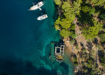 Fototapeta na wymiar Cleopatra Hammam Bay Drone Photo, Gocek Islands Fethiye, Mugla Turkey