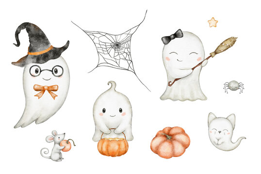 Cute ghost family, cat, mouse, pumpkin, spider web, Halloween illustration set. Watercolor art isolated on white background. Kids spooky character. Happy holiday poster, greeting card