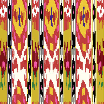 Digital ikat pattern for silk fabrcs. Traditional textile productin Uzbekistan and other countries of Central Asian region. Beautiful adras or atlas in uzbek language. Margilan city. 