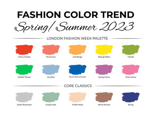 Fashion Color Trend Spring Summer 2023. Trendy colors palette guide. Brush strokes of paint color with names swatches. Easy to edit vector template for your creative designs