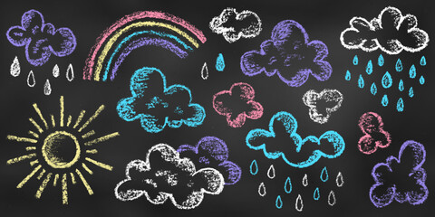 Set of Design Elements Sun, Clouds, Rain, Drops, Rainbow of Different Colors Isolated on Chalkboard Backdrop. Realistic Chalk Drawn Sketch. - obrazy, fototapety, plakaty