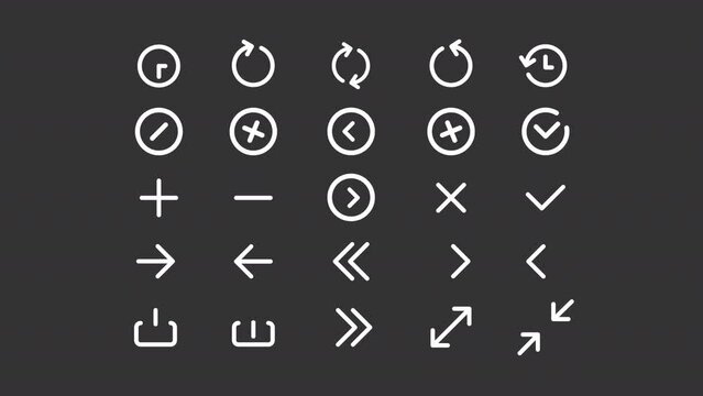 Animated control white line ui icons. Navigation buttons. Seamless loop 4k video with alpha channel on transparent background. Isolated user interface symbols motion graphic design for night mode