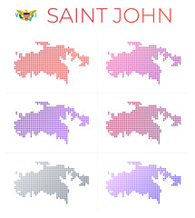 Saint John dotted map set. Map of Saint John in dotted style. Borders of the island filled with beautiful smooth gradient circles. Captivating vector illustration.