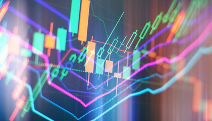 Financial data on a monitor which including of Market Analyze. Bar graphs, Diagrams, financial figures. Abstract glowing forex chart interface wallpaper. Investment, trade, stock, finance