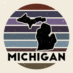 Michigan logo. Sign with the map of us state and colored stripes, vector illustration. Can be used as insignia, logotype, label, sticker or badge of the Michigan.
