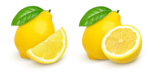 lemon fruit with leaves and half isolated on white background, Fresh and Juicy Lemon, set