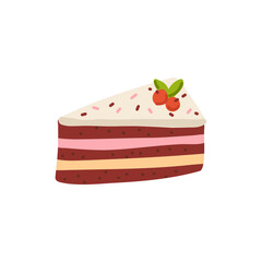 Cake slice with cream cheese. Cartoon dessert cafe menu. Vector cooking illustration.