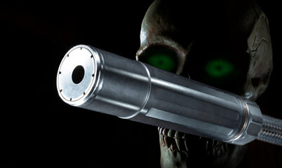 Green eyed skull behind a suppressor