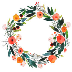 Hygge christmas watercolor floral wreath 