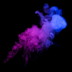 Swirling neon colored smoke puff cloud design element isolated on black background