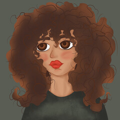 Portrait of a girl with curly hair. Red hair. Grunge style. Digital illustration.