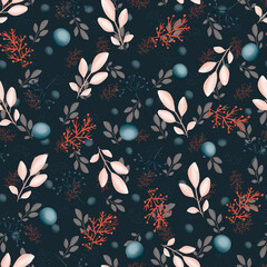 Seamless Plant Pattern. Blue, red and beige branches. Winter ornament.