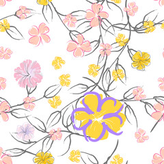 Pink Flowers Blooming Pattern. Pastel Watercolor.