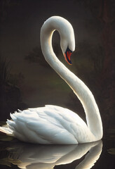 Illustration of a calm nature scene with a beautiful white swan in the lake, dramatic lighting of this beautiful ethereal, graceful bird. Generative AI