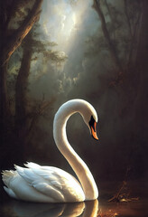 Illustration of a calm nature scene with a beautiful white swan in the lake, dramatic lighting of this beautiful ethereal, graceful bird.  - obrazy, fototapety, plakaty