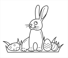 Isolated vector hare with eggs in the grass with black line stroke. Easter, spring, summer theme.
