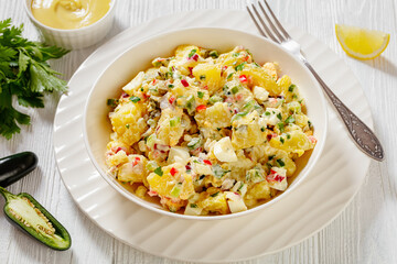 shout hallelujah potato salad in white bowl