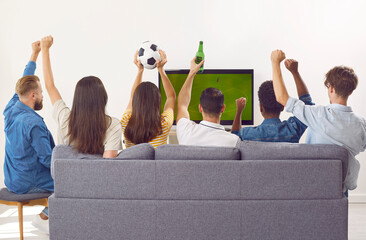 Happy friends watching soccer on television. View from behind of group of young diverse multiracial...