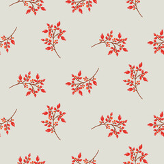 Fall beries branches pattern warm color cute seamless pattern. Autumn vibes floral leaves background.